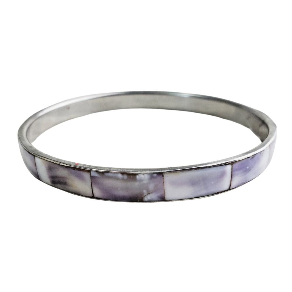 Vintage Mother of Pearl Inlay Bangle Bracelet Purple & Silver Tone MOP Fashion